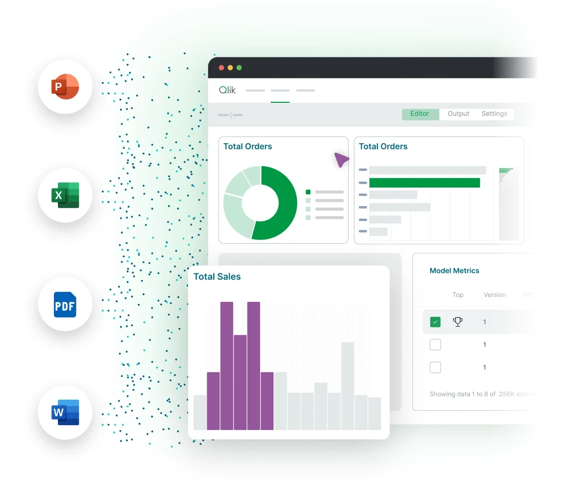 An illuststation of a Qlik dashboard displaying visual data charts, including total orders and total sales. Icons for PowerPoint, Excel, PDF, and Word are on the left, indicating file format compatibility.